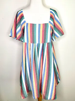 Madewell Dress Square-Neck Mini Festival Stripe Multicolor Flutter Sleeve thumbnail 1