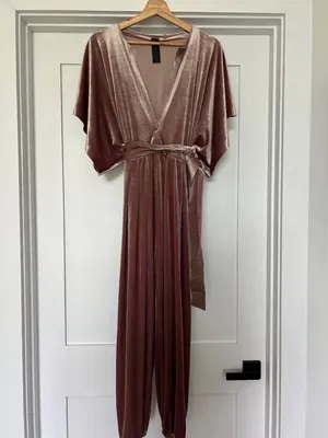 Norma Kamali Rectangle Jog Jumpsuit salmon pink stretch velvet small thumbnail 2