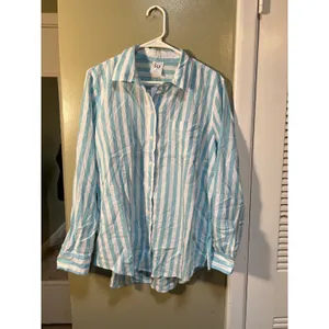 Gap Womens Sz Medium Linen Blend Easy Shirt Button Down Teal White Stripe Pocket thumbnail 3