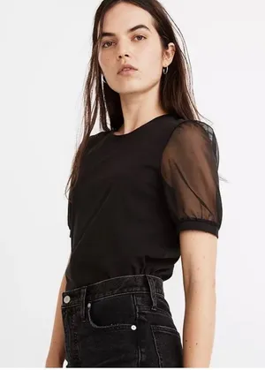 Madewell Black Sheer Sleeve Knit Top Size Medium thumbnail 2