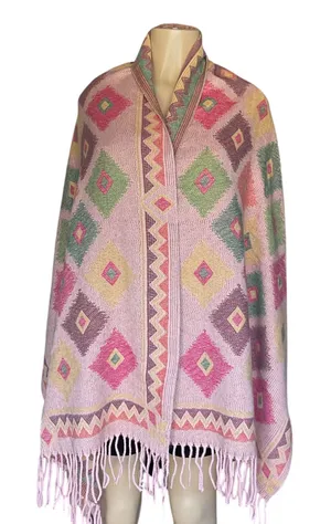 Mexican Artisan Reversible Woven Poncho Multicolor Geometric Boho Shawl Wrap thumbnail 1
