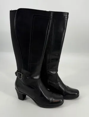 Clarks Womens‎ Black Leather Knee High Boots Square Toe Block Heel Size 8M thumbnail 1