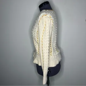 Hand Knit Cream Cable Knit Textured Cinched Waist Button Front Cardigan thumbnail 2