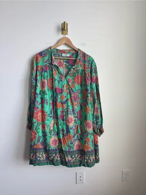 Natural Life Dara V-Neck Mini Dress Green Floral Boho Large thumbnail 2