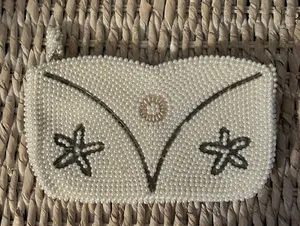 Vintage Purse White Beaded with Satin Lining Art Deco Small Zip‎ Closure Star thumbnail 1