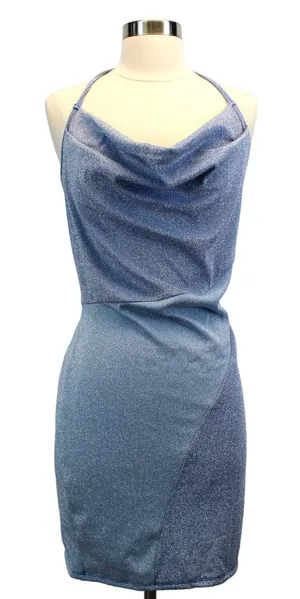 NEW Naked‎ Wardrobe Womens XL Blue Shimmer Glow For It Cowl Drape Halter Top thumbnail 1