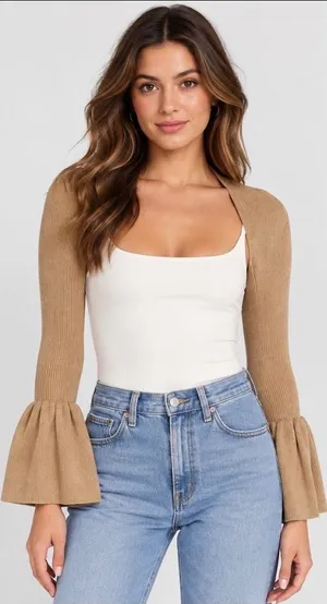YUYU Knit Bolero Shrug Sweater Womens Small Beige Ribbed Bell Sleeve Open Front thumbnail 1