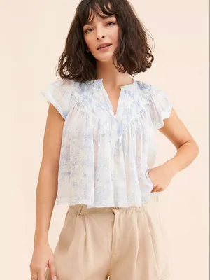 Free People FP One Printed Padma Top White Blue Toile Pattern Crop Blouse Top S thumbnail 1