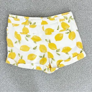 Loft Tie Waist Linen Blend Lemons Print Chino Shorts Ivory Yellow 6 Cuffed‎ thumbnail 2