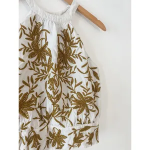 Anthropologie Vanessa Virginia Top Halter White Linen Embroidered In Gold small thumbnail 3