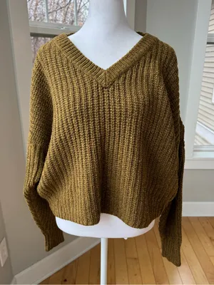 Madewell Gold Yellow Pleat Sleeve Pullover V Neck 90s Style Sweater Sz Medium thumbnail 11