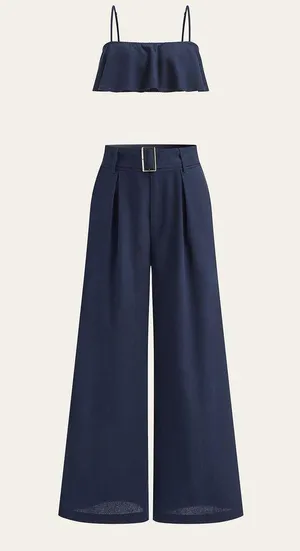 Navy Ruffled Cami Top and Wide-Leg Pants Set Linen Blend Large thumbnail 1
