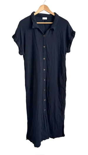 World Market Cotton Gauze Midi Shirt Dress Black Charcoal L/XL thumbnail 1