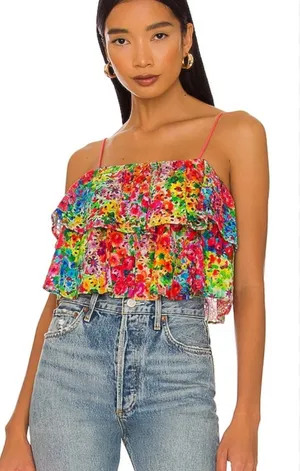 Alice and Olivia Marylynn ruffle crop top in garden floral thumbnail 1