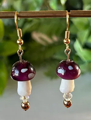 Handmade Purple Mushroom + Hematite Drop Earrings in gold 🍄 thumbnail 1