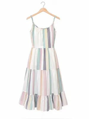 NWT Japna Pastel Stripe Tiered Midi Sundress Open Back Tie Bow Cami Boho S vacay thumbnail 3