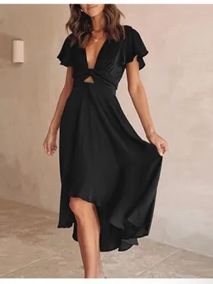 BTFBM Satin Black V Neck Tie Front Midi A-Line Maxi Dress Size Medium thumbnail 4