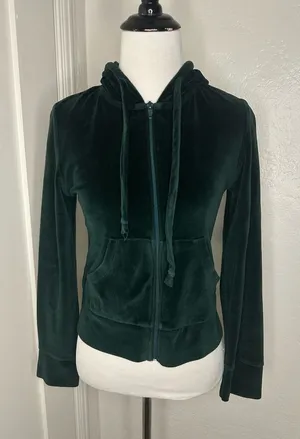 Vintage Y2K Style Deep Emerald Green Velour Full-Zip Hoodie thumbnail 1