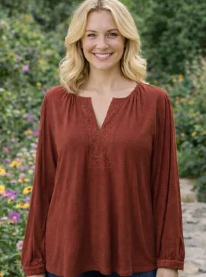 NEW Democracy Rust Embroidered Peasant‎ Blouse Boho Garden Lagenlook Feminine L thumbnail 1