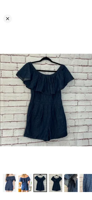 Storee Dark Chambray Off Shoulder Shorts Romper 100% Cotton Navy Small. Like new. Stretchy band around upper arms. Zipper on side. No stretch in body but stretchy waist. Pockets. 14” bust 21” rise 3” inseam thumbnail 3