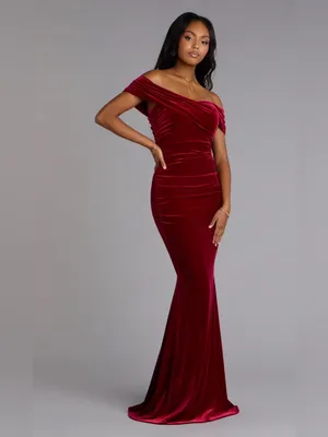 Windsor Gemma Burgundy Velvet Off Shoulder Mermaid Gown Size XS thumbnail 4