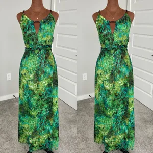 90s Vintage Sheri Martin‎ New York Green Tropical Print Chiffon Maxi Dress 10 thumbnail 3