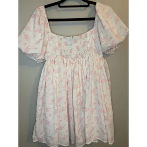 ABLE Pink Floral Babydoll Mini Dress Puff Sleeve Cottagecore Large thumbnail 2