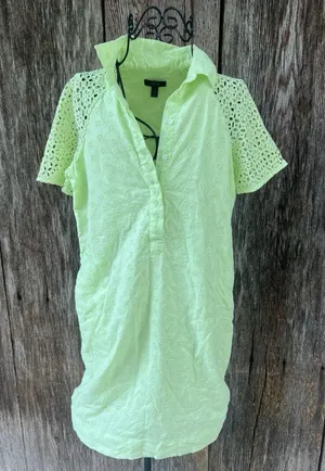 J.CREW Dress Size 0 LIGHT NEON GREEN EYELET SHORT SLEEVE MINI SHIRT‎ DRESS thumbnail 1