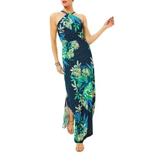 Lilly Pulitzer Orla Halter Maxi Dress Medium Navy Blue Floral Tropical Preppy thumbnail 13