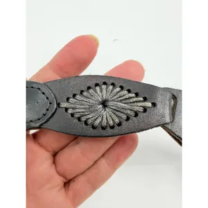 Boho Black Leather Embroidered Concho Womens Belt Sz Small Brass Buckle Western thumbnail 12