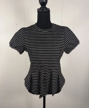 Maeve Anthropologie Corset Peplum Top Black White Stripe‎ Puff Sleeve Size Small thumbnail 1