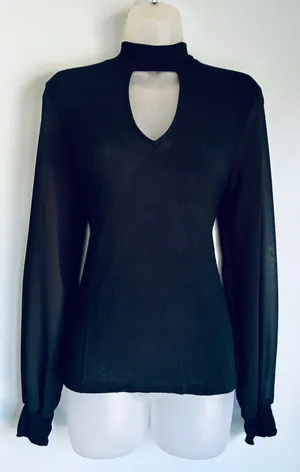 Lulus Black Long Sleeve Top Sheer Sleeves Keyhole V-Neck Modal Medium thumbnail 1