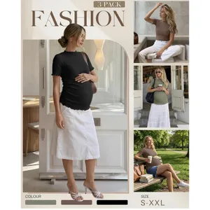 3 Pack Women's Ribbed Maternity Tops Short Sleeve, Ribbed Knit M thumbnail 4