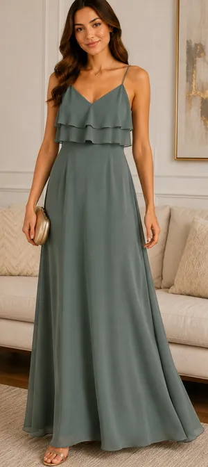 Jenny Yoo Sage Green Layered Maxi night Party Prom Dress size 8 thumbnail 1