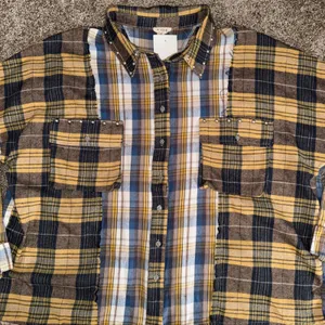 POL Patchwork Flannel Shirt Women Small‎ Yellow Plaid New Studded Raw Hem FWT66 thumbnail 4