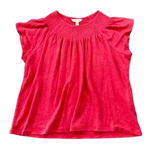 Garnet Hill Size‎ Large Pink 100% Organic Linen Smocked Neck Flutter Sleeve Top thumbnail 1
