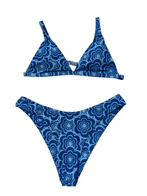 Blue Retro Floral Cheeky Bikini Set XL High Leg Triangle Swimwear Y2K Boho Beach thumbnail 2