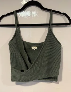Ribbed Aerie Olive Green Wrap‎ Crop Tank Top thumbnail 1