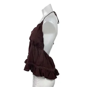 Zara Brown Sleeveless Cami Halter Embroidered Tie Front Ruffle Tank Top Size M thumbnail 2