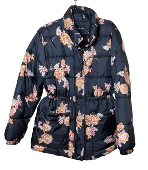 WHO WHAT WEAR Cinch Waist Floral Black Quilted Puffer Size large thumbnail 1