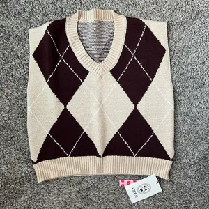 Cider NWT Tan and Brown Sweater Vest with V-Neck Line thumbnail 1