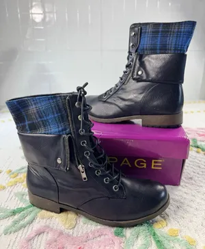 Rampage Jaggup Black Combat Boots Plaid Fold Over Lace Up Ankle Boots WF0015 10M thumbnail 1