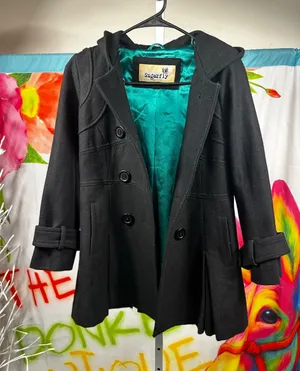 W6Sugarfly- Black Hooded Wool-Blend Pea Coat with Teal Lining thumbnail 1