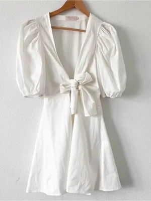 Choosy White Puff Sleeve Tie Front Cottagecore BohoSummer Vacation Mini Dress thumbnail 2