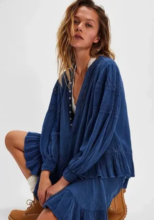 NWT Free People Sachi Denim Blue‎ Boho Cottage Ruffle Cotton Mini Dress thumbnail 1