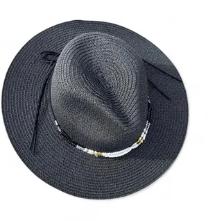 Black Wide-Brim Straw Hat with Beaded Band thumbnail 1