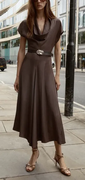 Zara Luxury Cowl Neck Chocolate Brown Midi Dress Flowy Collection‎ Capsule thumbnail 1