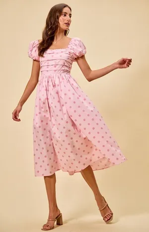 SO ME Polka Cotton Print Short Sleeves Midi Dress - Pink - Large thumbnail 1