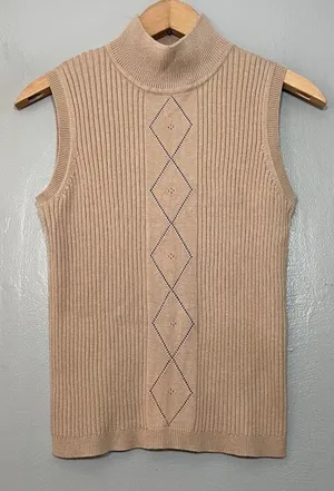 Pointelle Sleeveless Tan Sweater Size Small Ribbed Knit Mock Neck Minimalist thumbnail 1