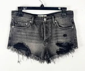 FREE PEOPLE Black Wash Button Fly Ripped Distressed Fray Hem Shorts Size 26 Boho thumbnail 1